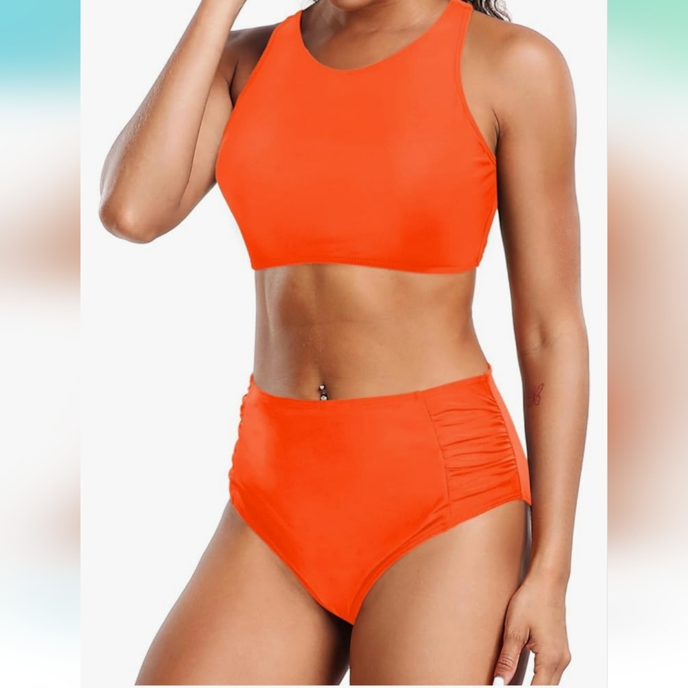 Holipick Women High Waisted Two Piece Bikini Set Racerback Bathing Suit Sporty C